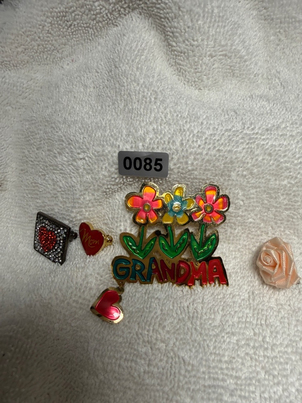 Colorful 'Grandma' Enamel Flower Brooch - Multicolor& 2 Heart pins
